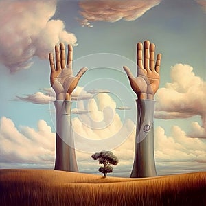 Concept digital illustration of a group of human or robot hands reaching up in the sky with a tree in the background. AI