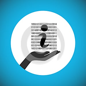 Concept of digital information sharing and binary data arranged with information symbol in hand, vector illustration