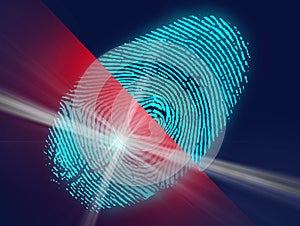 Concept of digital security, electronic fingerprint on scanning screen.