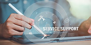 Concept of digital service support and business technology innovation representing communication, teamwork, and efficient online