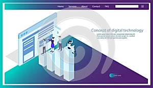 Concept of digital technology.Growing Business infographics template concept flat 3d web isometric vector.Businessman and Lady wor