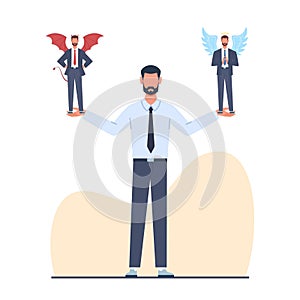 Concept of disagreement in decision making, confused businessman doesnt know which direction to take. Devil and angel