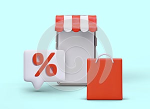 Concept of discounts in online store. Advertising phone application for tracking sales