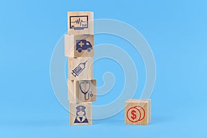 Concept for discrepancy between costs for medical treatments and funding depicted with wooden blocks with medical icons like nurse