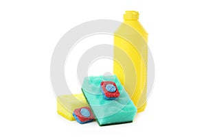 Concept of Dishwashing detergent accessories isolated on white background