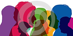 Concept of diversity, with silhouettes in colors; showing different profiles of young men and women.