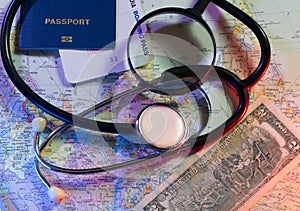 Concept doctors without borders, stethoscope, tickets, world map and passport