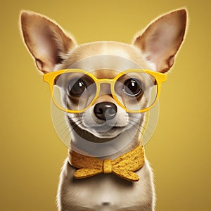 dog pet puppy wear background yellow animal chihuahua glasses portrait cute. Generative AI. photo