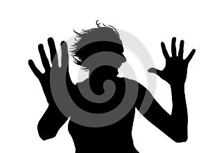 Concept of domestic violence - silhouette of a woman's head and hand in stop gesture. Vector illustration on a white