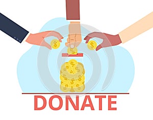 Concept of donation, charity, hands dropping coins into glass jar. Humanitarian assistance, sponsor giving money