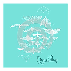 Concept with doves and hand written text, blue background for International Day of peace. Vector illustration, design