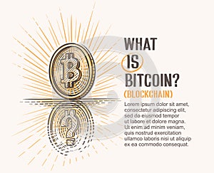 Concept drawing of bitcoin coin and its reflection with question mark symbolizing explanation of this thing.