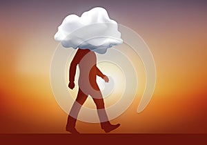 Concept of the dream with a man with his head in the clouds.