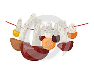 Concept dry forest mushroom on rope, collect fungal foodstuff from outdoor woodland place flat vector illustration