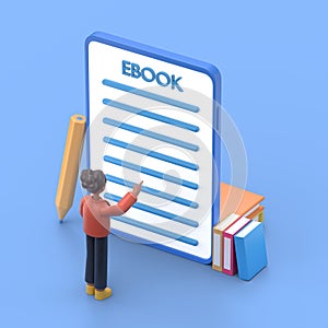 Concept of e-books. Image of man standing on books in front of screen of mobile tablet. Flat 3D style.