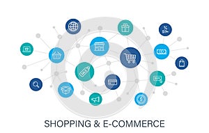 Concept E-commerce and shopping web icons in line style. Mobile Shop, Digital marketing, Bank Card, Gifts. Digital