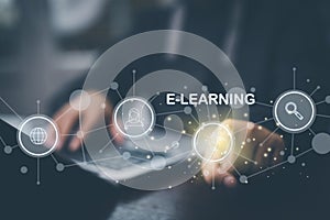 Concept E-learning education, Businessman hand touch Online Education icon on virtual screen. internet lessons and online webinar,