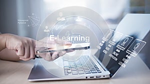 Concept E-learning education, Man using laptop with Online Education icon on virtual screen. internet lessons and online webinar