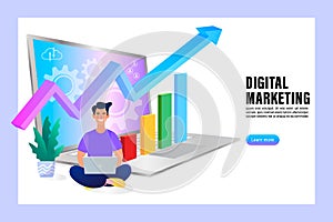 Concept of e-marketing, internet promo, digital promotion, online. Woman with megaphone or bullhorn on screen of laptop computer.