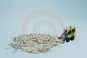 the concept of earning on heavy machinery. excavator and many packs of dollars on a blue background. 3d render
