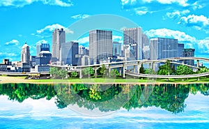 Concept of eco city. The city is reflected in the water