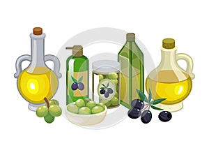 Concept eco health natural product virgin olive oil, fresh olive foodstuff, healthy butter food cartoon vector