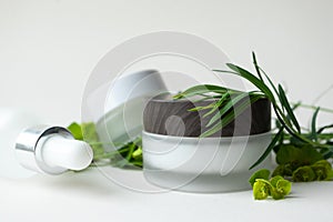 Concept eco natural organic skincare and bodycare beauty products with selective focus. Moisturizer facial or eye cream