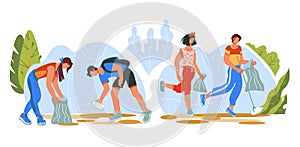 Concept of ecological challenge - plogging marathon banner with running people