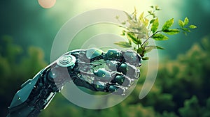 The concept of ecological technology. The robot's hand is holding a small green plant. Artificial intelligence and
