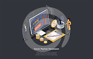 Concept Of Economic Crisis. Business People Or Traders Watching For Stock Market Crash. Characters Analyse Charts And