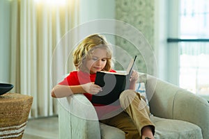 Concept of education, childhood, book reading, , artwork, inspiration. Little child boy lying on the couch at home and