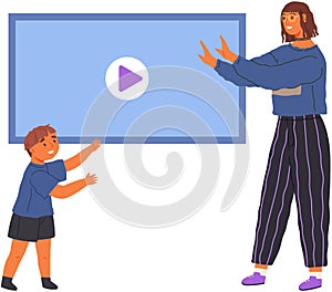 Concept of education and parenting, Childrens prohibitions. Mom forbids son to watch videos on TV