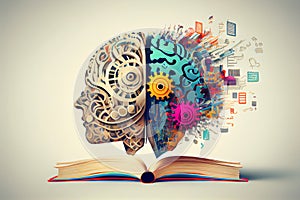 Concept of education and success. Online education, new idea. Collage with a brain, gears, book.generative ai
