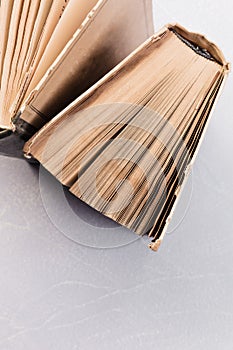 Concept of education  teaching literature  library. Spine end of an open old shabby book  pages fanned out on a background with