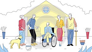 Concept Of Elderly People Care. Group Of Elderly People In Wheelchair And With Walkers, With Family Or Guardians At