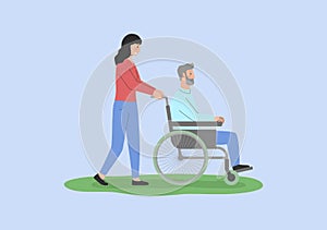 Concept Of Elderly People Help. Young Girl Helping Disabled Senior Man In Wheelchair. Nurse Or Volunteer Female