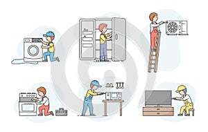 Concept Of Electric Appliances Service. Set Of Professional Workers Repairmen In Uniform, Fixing Devices. Characters