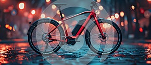 Concept Electric Bikes, Urban Elegance Sleek Red MidDrive Electric Bike in a Neon Cityscape