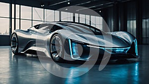 Concept electric super car autonomous vehicle. Future and advance technologies idea.