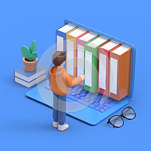 Concept of electronic books. 3D illustration of male guy Qadir standing in front of laptop and electronic books.