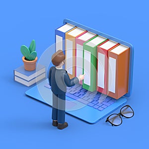 Concept of electronic books. An image of man standing in front of laptop and electronic books. Isometric 3D illustration.
