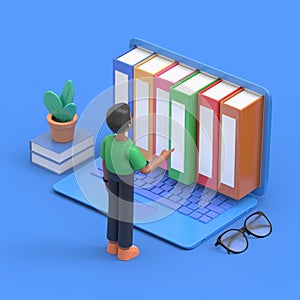 Concept of electronic books. An image of man standing in front of laptop and electronic books. Isometric 3D illustration.