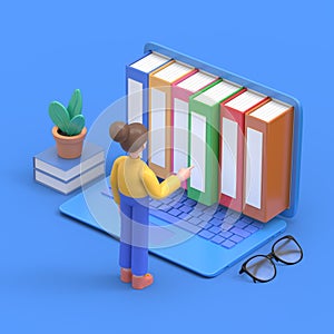 Concept of electronic books. An image of man standing in front of laptop and electronic books. Isometric 3D illustration.