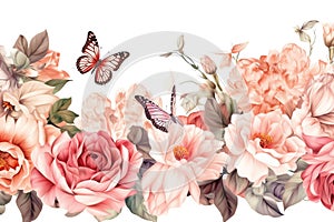 Elegant floral banner or frame with butterflies, hibiscus, roses and peonies isolated on white background, floral greeting border,