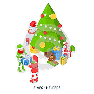 Concept of elves helpers. Xmas isometric illustration on white background