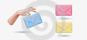 The concept of an email message. New, incoming message, sms. A hand holding an envelope, a letter. A set of different