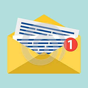 Concept of email notification icon. Letter in yellow cover. Flat design, vector. E-mail symbol on blue background, clean.