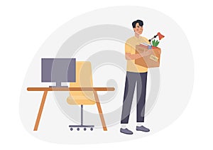 Concept of employee fired from work. Loss job. Dismissed man carrying box with his things. Empty office desk with