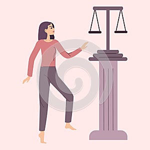 The concept of empowerment. A woman goes to the scales of justice on a pedestal. Feminism and gender equality. Vector