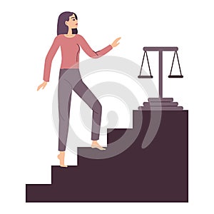 The concept of empowerment. A woman walks up the ladder to the scales of justice. Feminism and gender equality. Vector